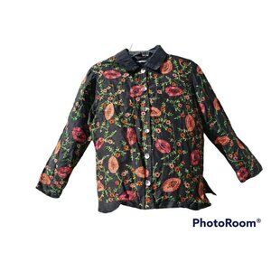 Vintage Laura Ashley Embroidered Jacket 100% Silk Petite Medium Black Red